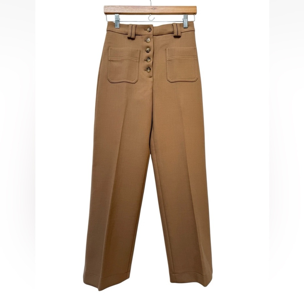 Sezane Button Front Chuck Wool Blend Trouser Pants Sz 34 Camel